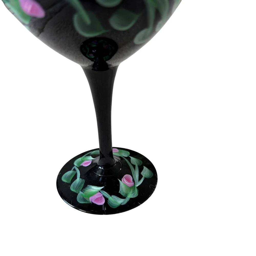 Vintage Hand Painted Floral Black Wine Goblets Set of 2 Chic Barware